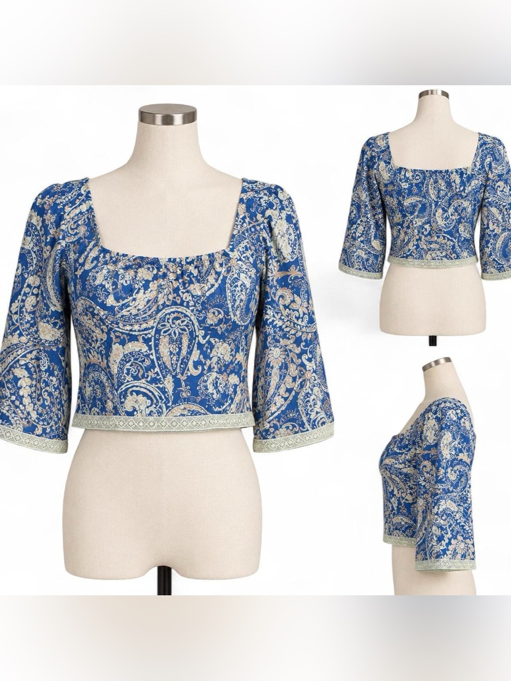 Nicole Miller Blue White Crop Top Lace Women's Small Boho Festival Y2K Coquette